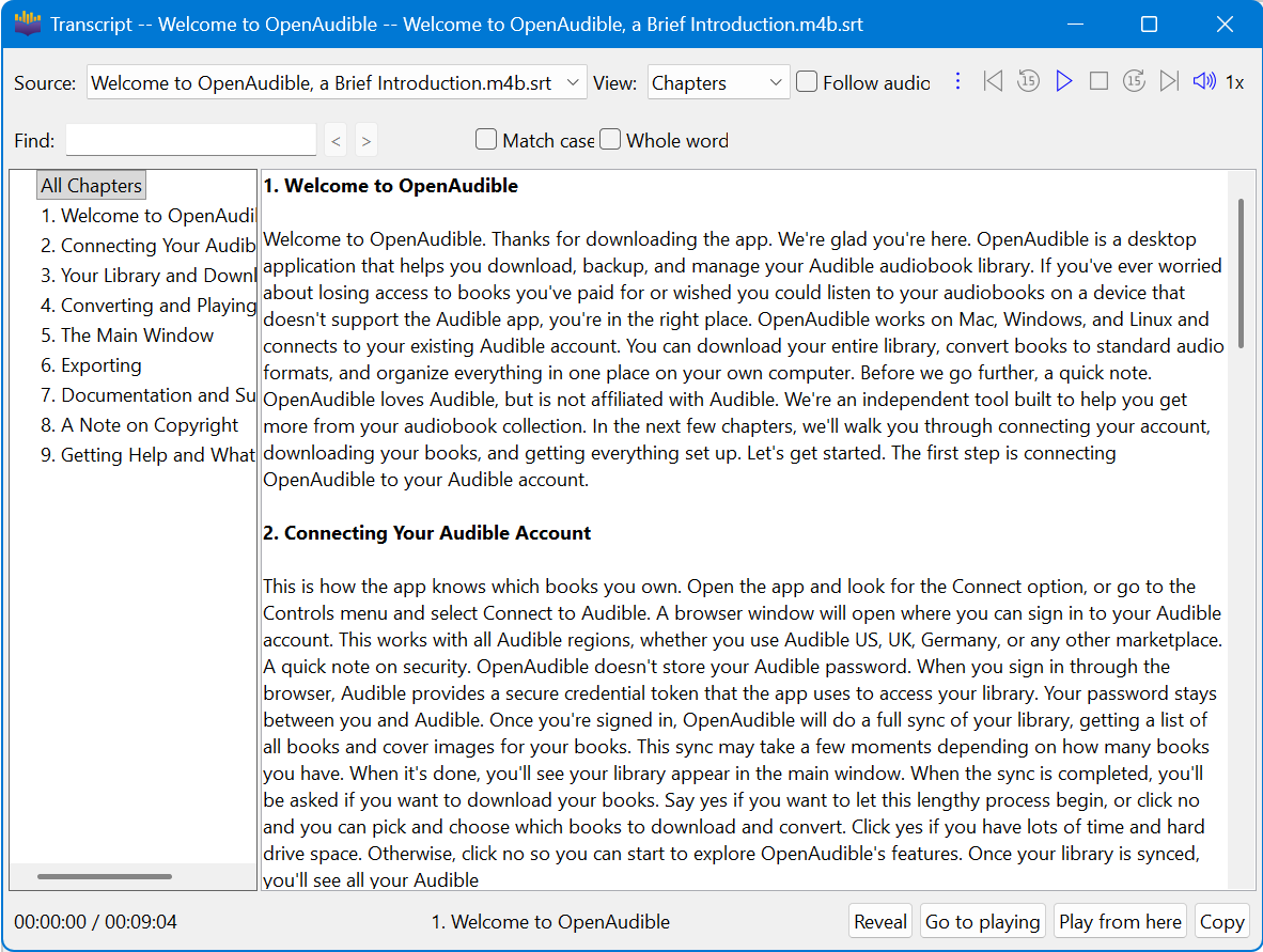 transcript window in Chapters view