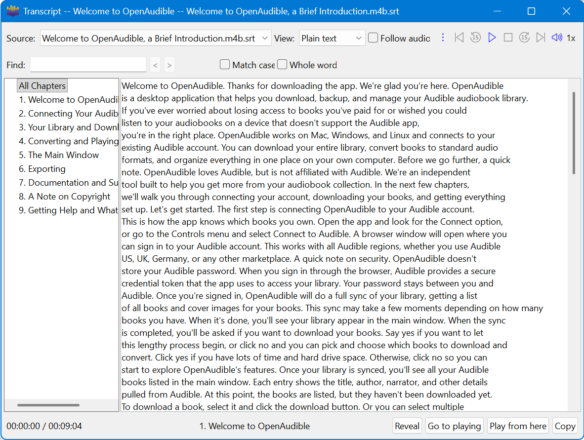 transcript window in Plain text view