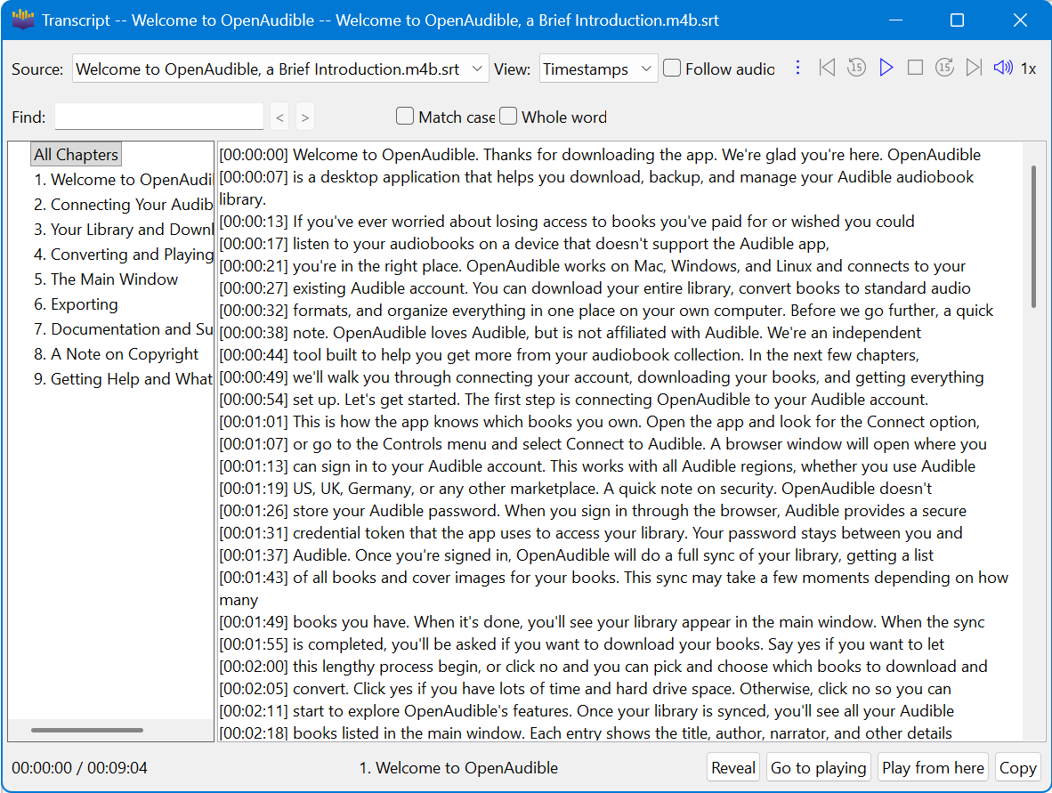 transcript window in Timestamps view
