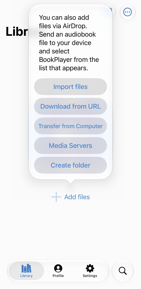 Add files menu with Import files, Download from URL, Transfer from Computer, Media Servers and Create folder