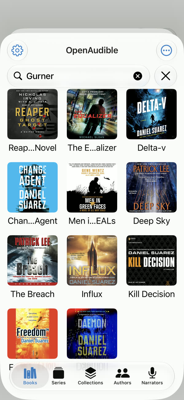 BookPlayer showing an OpenAudible library as a grid of book covers, filtered by a narrator search