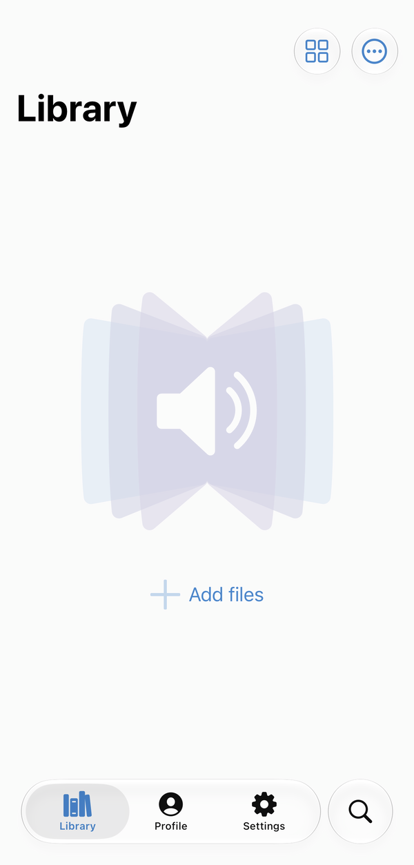 BookPlayer's empty Library with an Add files button