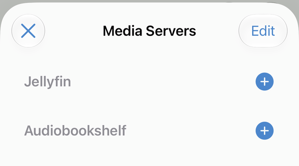 Media Servers list with Jellyfin and Audiobookshelf, each with a plus button