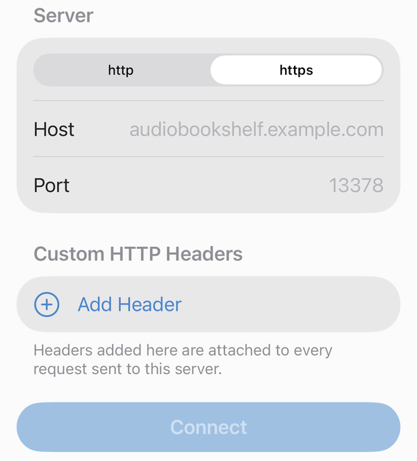 BookPlayer server form with http/https choice, Host, Port, Custom HTTP Headers and Connect