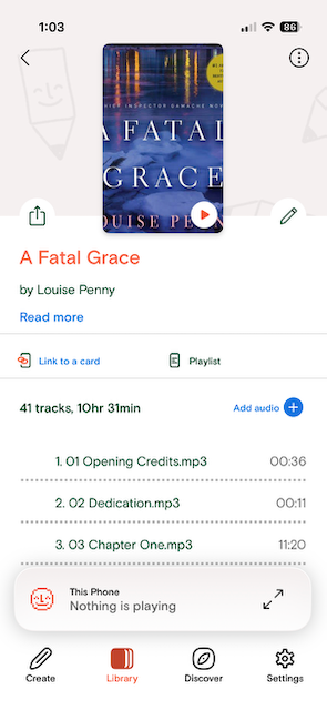 Yoto app playlist screen showing 41 tracks, 10 hours 31 minutes, with Link to a card