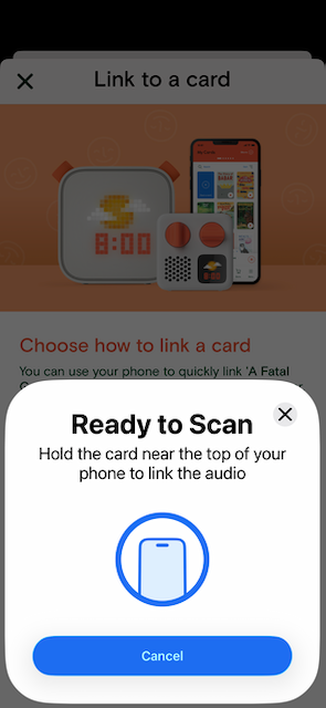 Yoto app Ready to Scan prompt asking to hold the card near the phone