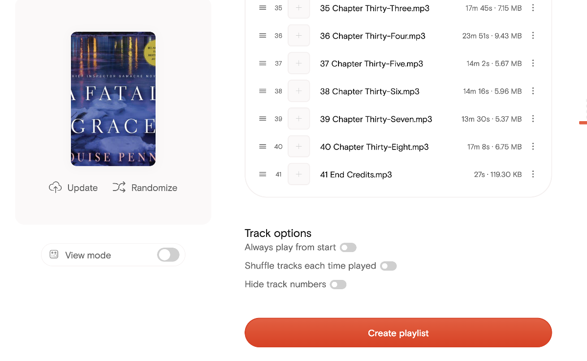 Yoto playlist editor with the book's cover art and numbered chapter tracks listed