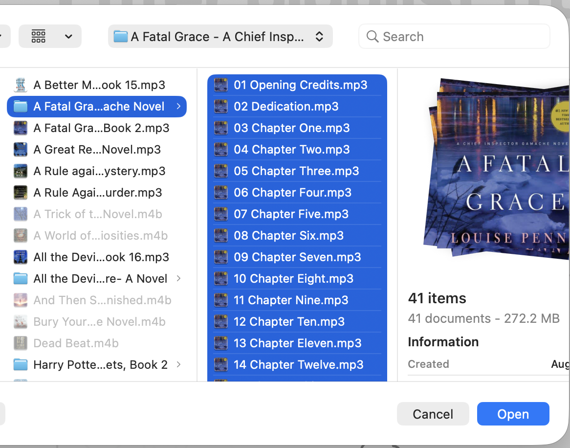 File picker with all the chapter MP3s of the split book selected
