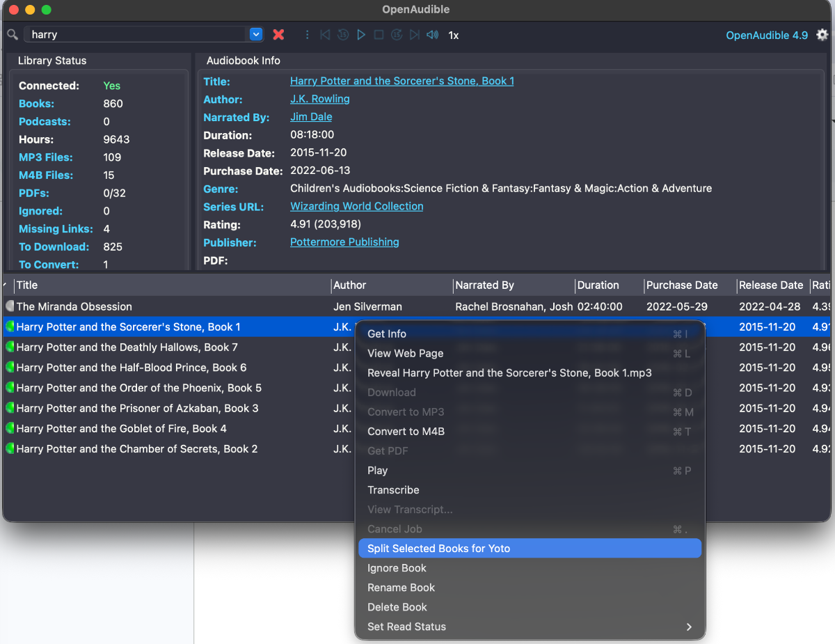 Right-click menu on a book in the OpenAudible library with Split Selected Books for Yoto highlighted