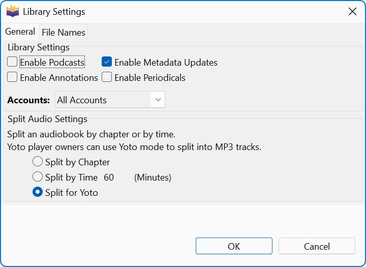Library Settings, General tab, with Split for Yoto selected